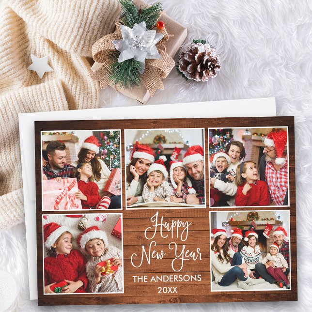 Modern Fun Calligraphy Wood 5 Photo New Year Holiday Card (Customize to add text to back of card.)