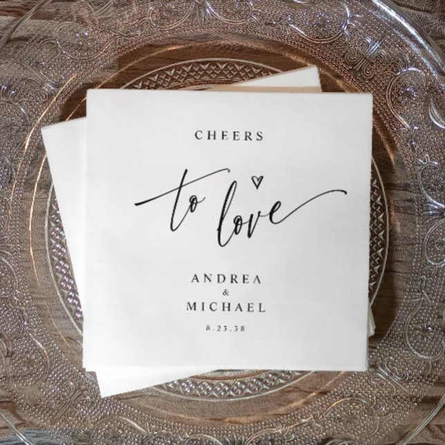 Modern Fun Casual Cheers to Love Wedding Cocktail Napkins (Minimalist “cheers to love” wedding napkin with names and date—perfect for modern receptions.)