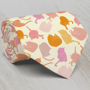 Modern Fun Cat Pattern Pink Orange Neck Tie
