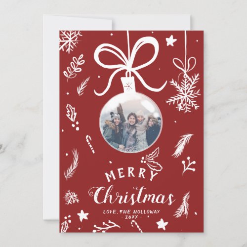 Modern fun Christmas ball photo red illustration Holiday Card