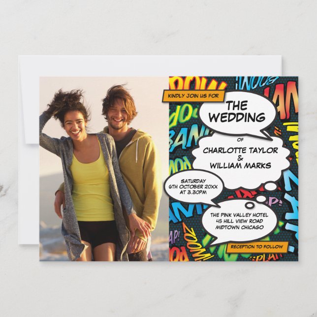 Modern Fun Colorful Comic Book Photo Wedding Invitation (Front)