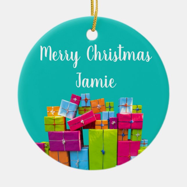 Modern fun colorful presents Christmas Ceramic Ornament (Front)