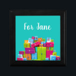 Modern fun colorful presents Christmas Gift Box<br><div class="desc">A cute ,  fun and modern image of wrapped Christmas presents in pink,  purple,  green and bright modern colors. Against a customisable bright blue background. Fun and colorful Christmas style.</div>