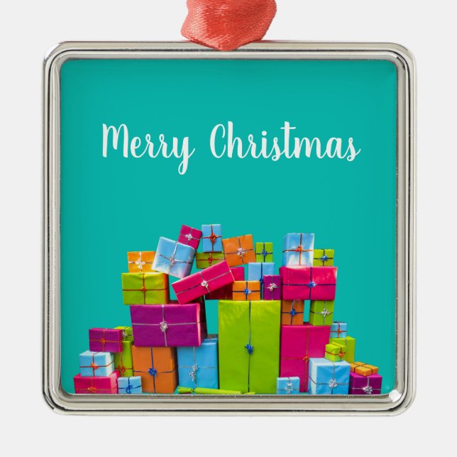 Modern fun colorful presents Christmas Metal Ornament (Front)