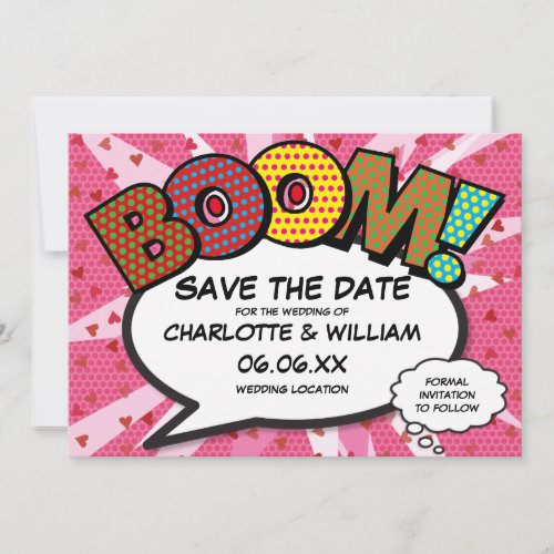 Modern Fun Comic Book BOOM Pink Love Hearts Save The Date