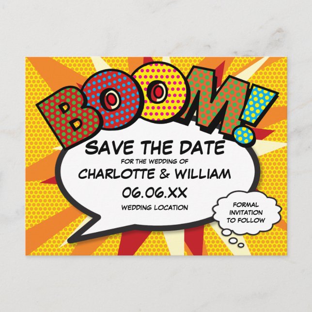 Modern Fun Comic Book BOOM Save the Date Postcard (Front)