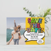 Modern Fun Comic Book Photo Save The Date Card (Standing Front)