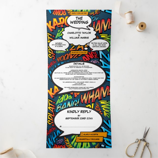 Modern Fun Comic Book Photo Wedding Tri-Fold Invitation (Inside)