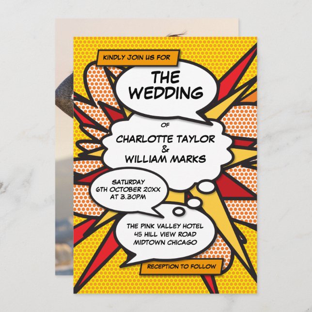 Modern Fun Comic Book Pop Art Photo Wedding Invitation (Front/Back)