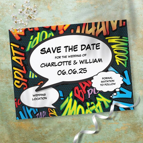 Modern Fun Comic Book Save the Date Announcement Postcard