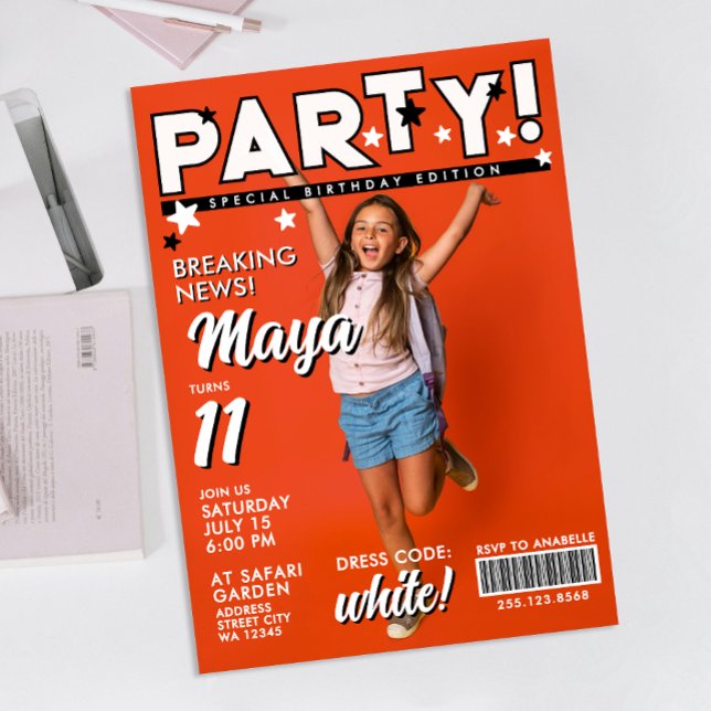 Modern Fun Cool White Black 11th Bday Tabloid News Invitation (Creator Uploaded)