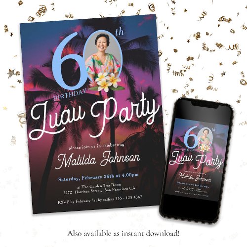 Modern Fun Custom Photo Luau Party 60th Birthday  Invitation