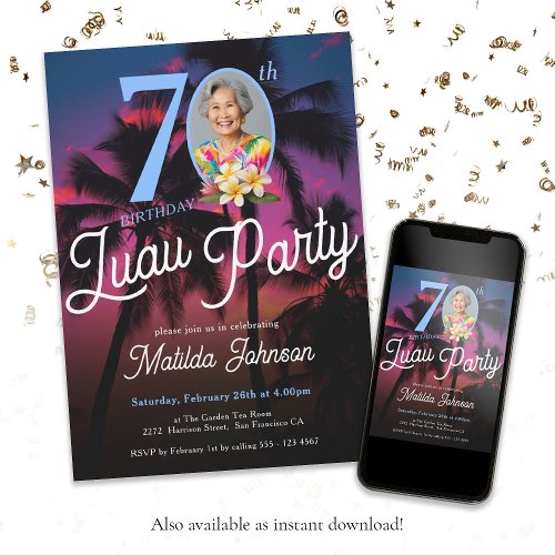 Modern Fun Custom Photo Luau Party 70th Birthday  Invitation