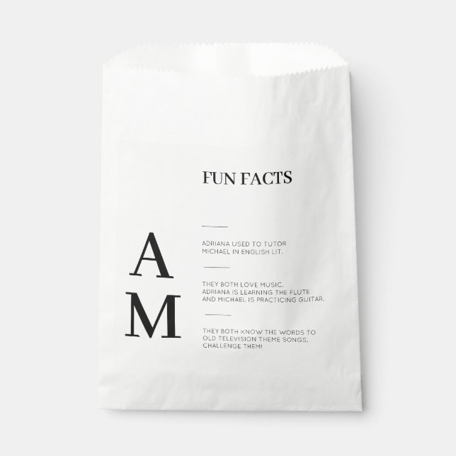 Modern Fun Facts Bold Black Initials Wedding    Favor Bag (Front)