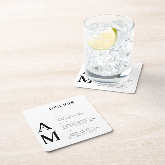 Modern Fun Facts Bold Black  Initials Wedding   Square Paper Coaster (Insitu)