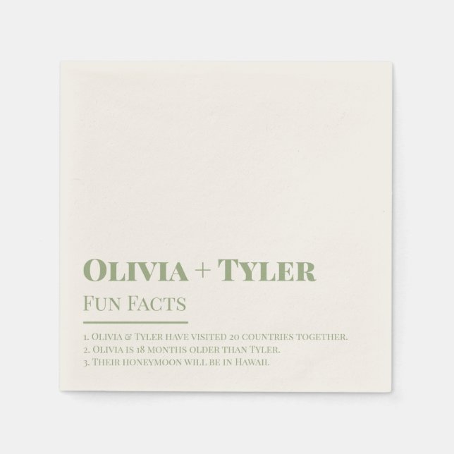 Modern Fun Facts Wedding Reception Sage Green Napkins (Front)