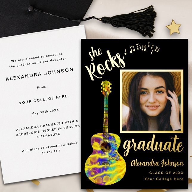 Modern Fun Graduate Photo Script Black and Gold Foil Invitation (Fun colorful guitar music modern graduate photo black and gold script graduation announcement card)