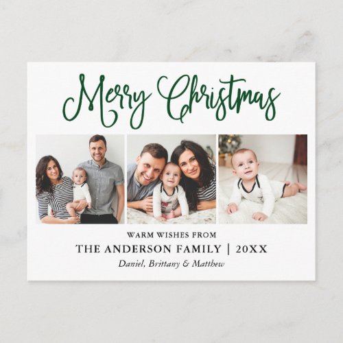 Modern Fun Green Calligraphy Christmas 3 Photos Postcard