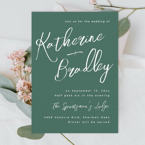 Modern fun handwriting couples names green peach invitation