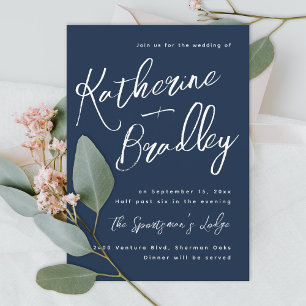 Modern fun handwriting couples names navy wedding invitation