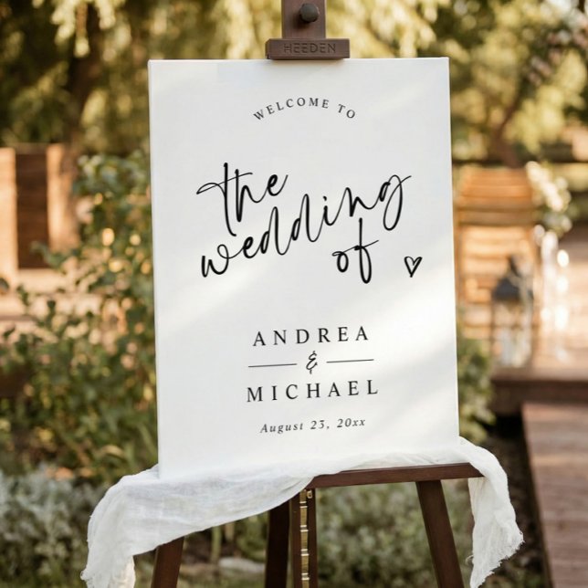 Modern Fun Handwriting Wedding Welcome Sign (Modern black and white wedding welcome sign with “the wedding of” in hand lettered script)