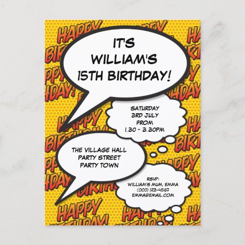 Modern Fun Happy Birthday Party Comic Book Invitation Postcard