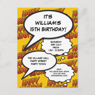 Modern Fun Happy Birthday Party Comic Book Invitation Postcard