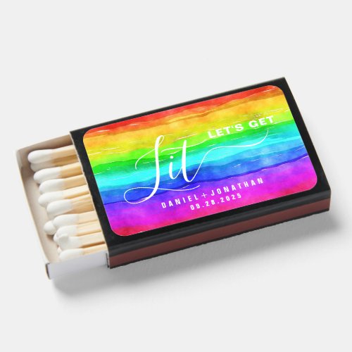 Modern Fun Lets Get Lit Rainbow Pride Wedding Matchboxes