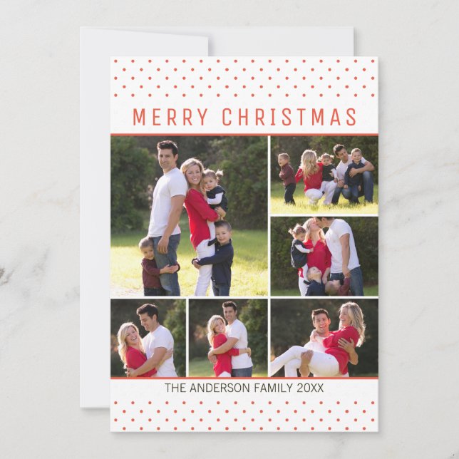 Modern Fun Merry Christmas Red Polka Dots 6 Photo Holiday Card (Front)