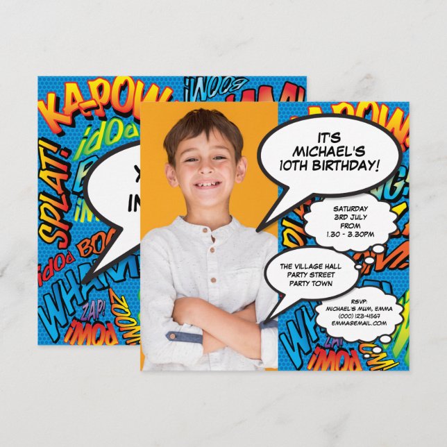 Modern Fun Photo Birthday Party Blue Any Age Invitation (Front/Back)