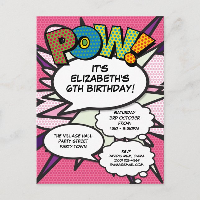 Modern Fun Pink Birthday Party Comic POW Invitation Postcard (Front)