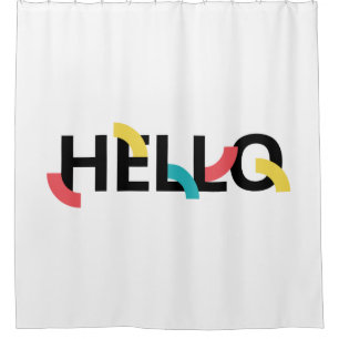 Modern, fun, playful, colorful design of Hello Shower Curtain