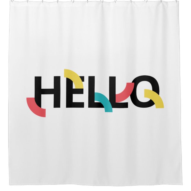 Modern, fun, playful, colorful design of Hello Shower Curtain (Front)
