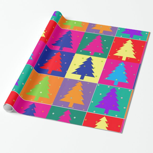 Modern Fun Pop Art Christmas Trees Wrapping Paper (Unrolled)