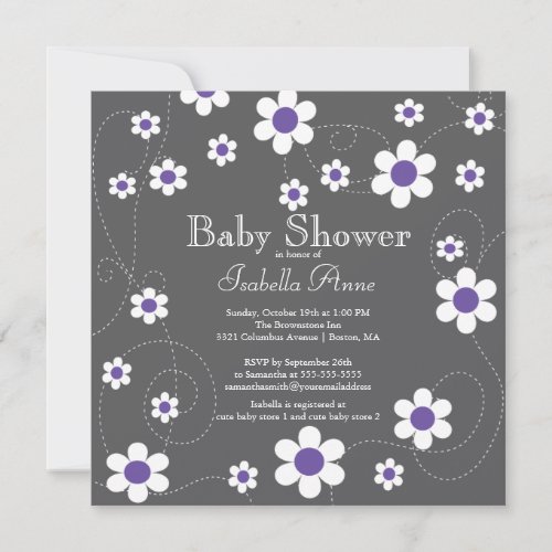 Modern Fun Purple Flowers Floral Girls Baby Shower Invitation