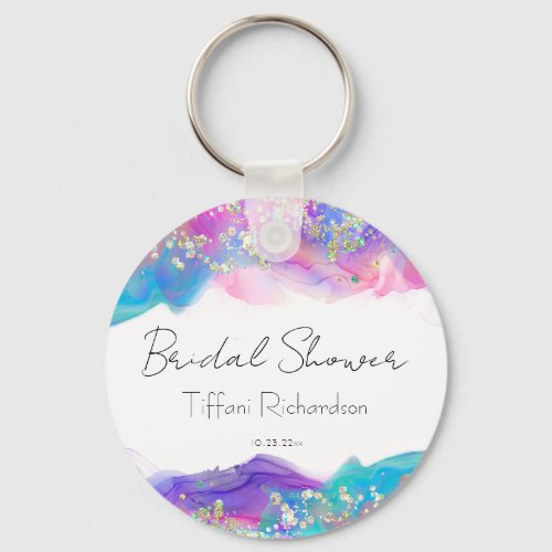 Modern Fun Rainbow Alcohol Ink Gold Glitter Keychain