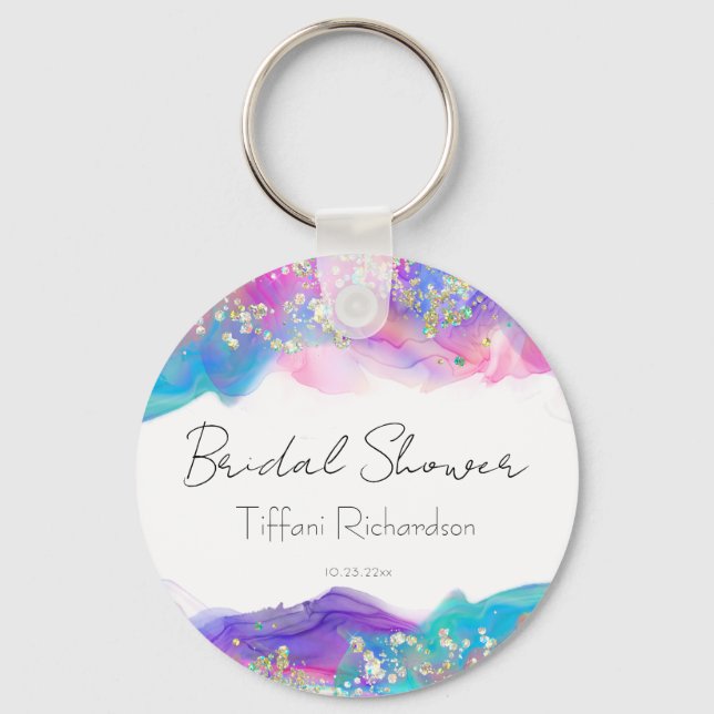 Modern Fun Rainbow Alcohol Ink Gold Glitter Keychain (Front)