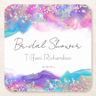 Modern Fun Rainbow Alcohol Ink Gold Glitter Square Paper Coaster