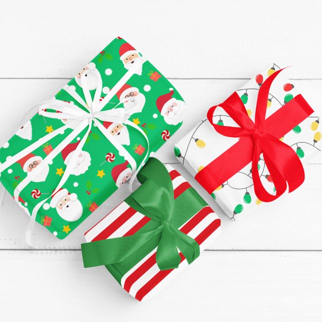 Modern Fun Santa, Stripes & Christmas Lights Green Wrapping Paper Sheets (Creator Uploaded)