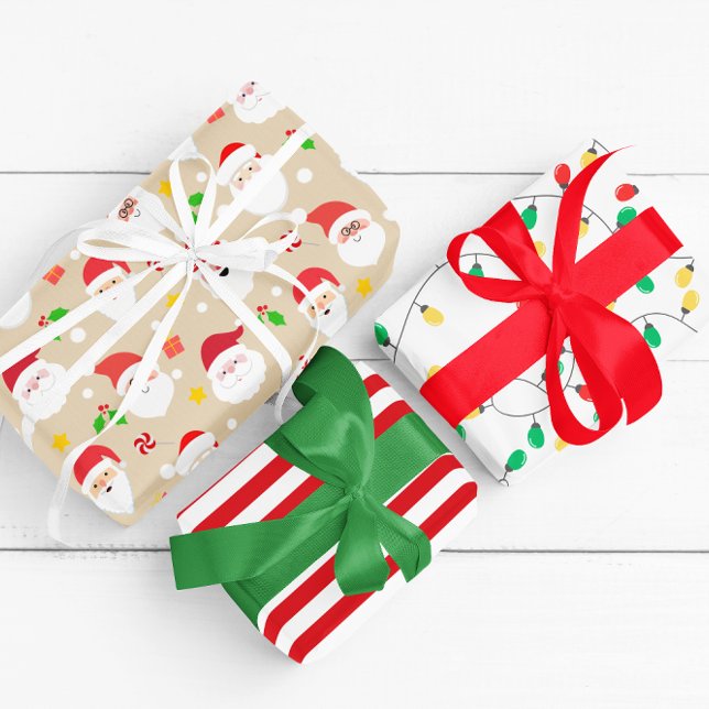 Modern Fun Santa, Stripes & Christmas Lights Tan Wrapping Paper Sheets (Creator Uploaded)