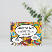 Modern Fun Save the Date Comic Book Announcement Postcard (Standing Front)