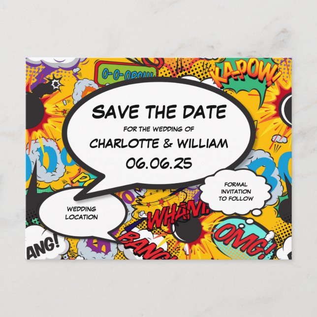 Modern Fun Save the Date Comic Book Announcement Postcard (Front)