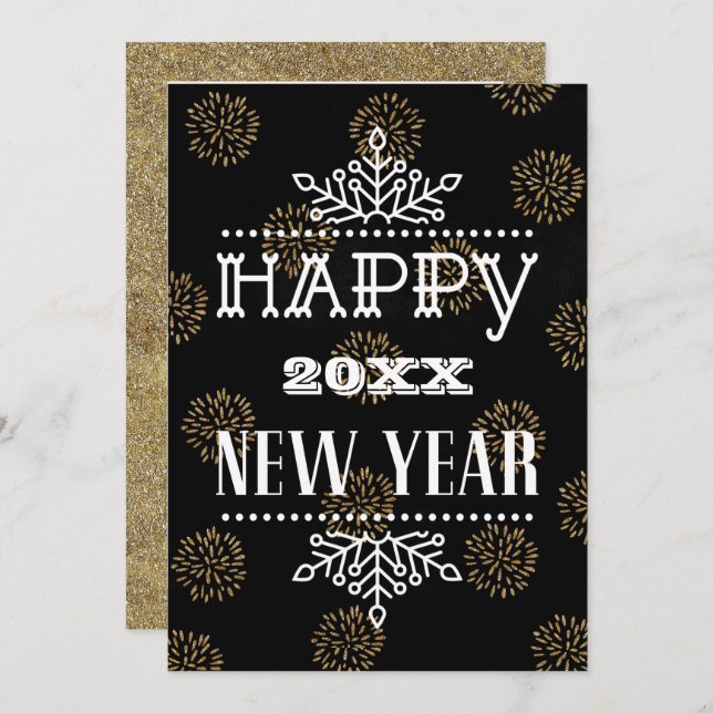 Modern Fun Script Festive Gold Fireworks Photo Holiday Card (Front/Back)