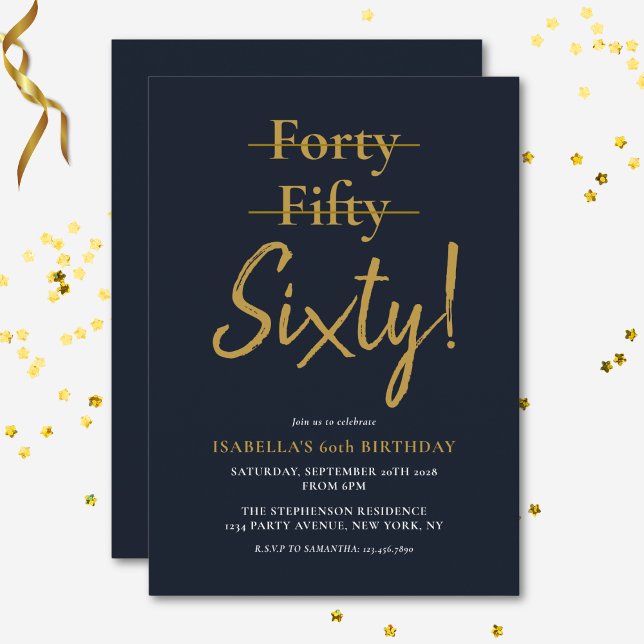 Modern Fun Sixty Navy Blue Gold 60th Birthday  Invitation (Invitation front and back)