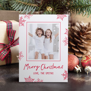 Modern Fun Snowflakes Merry Christmas Script Letterpress Photo Cards