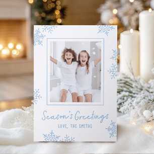 Modern Fun Snowflakes Season's Greetings Script Letterpress Photo Cards
