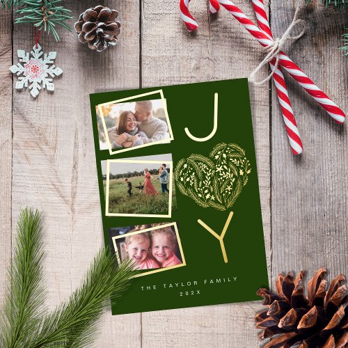 Modern Fun Three Photo Gree Joy Joyful Christmas Foil Holiday Card