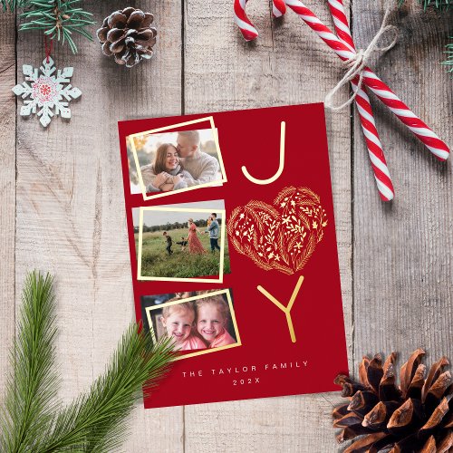 Modern Fun Three Photo Red Joy Joyful Christmas Foil Holiday Card