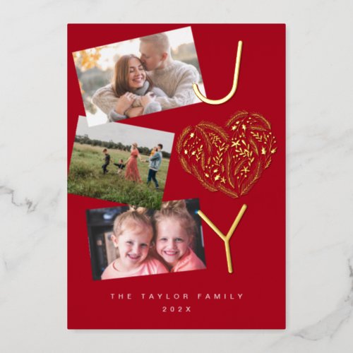 Modern Fun Three Photo Red Joy Joyful Christmas Foil Holiday Card