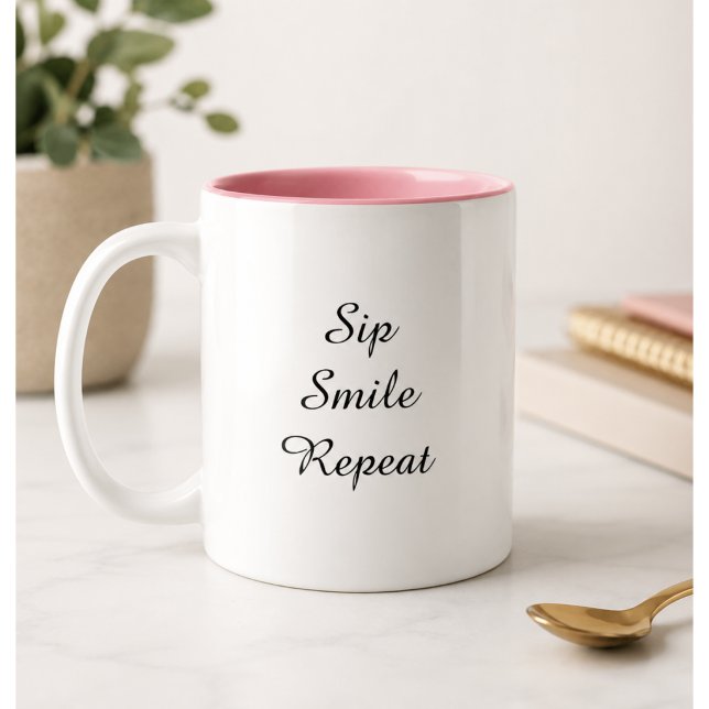 Modern Fun Trendy Typography Sip Smile Repeat Two- Two-Tone Coffee Mug (Creator Uploaded)
